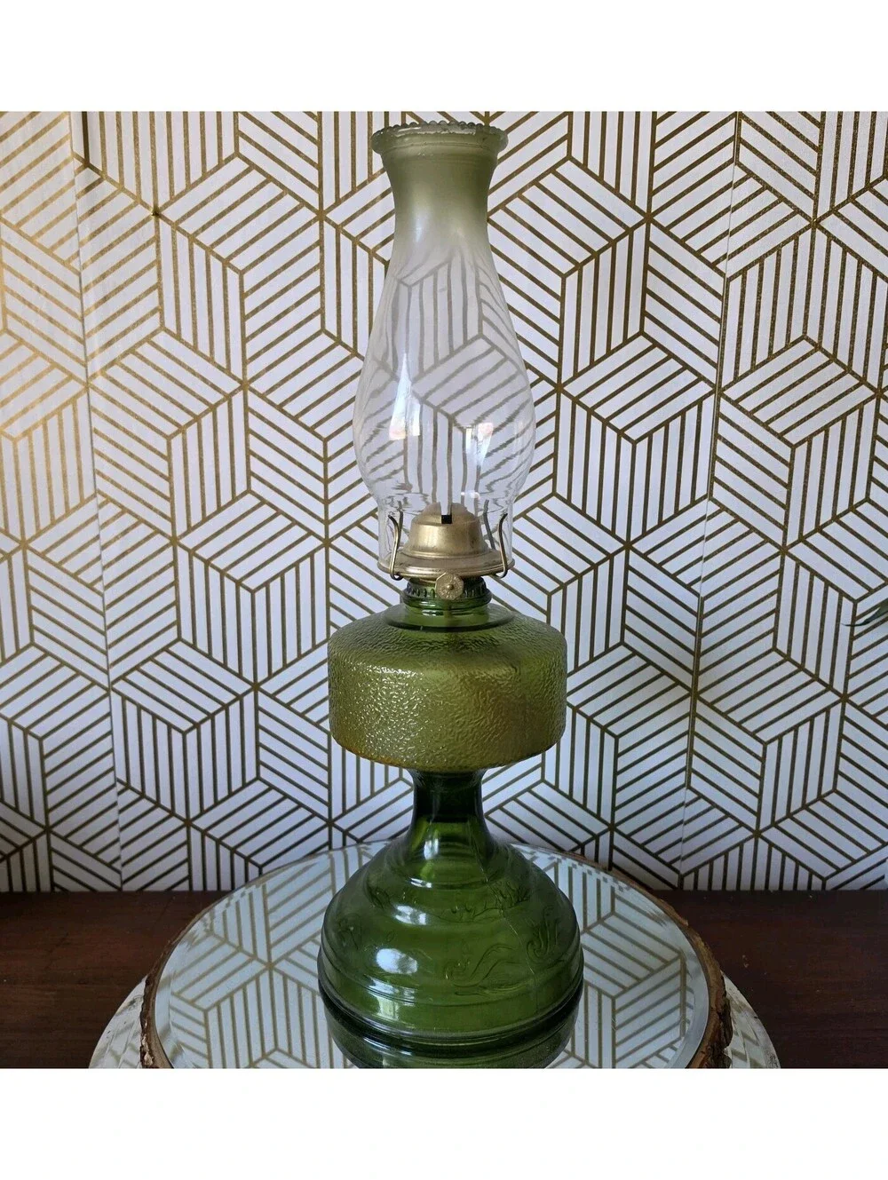 Vintage Green Embossed Pressed Glass Oil Lamp W Matching Colored Hurricane Shade